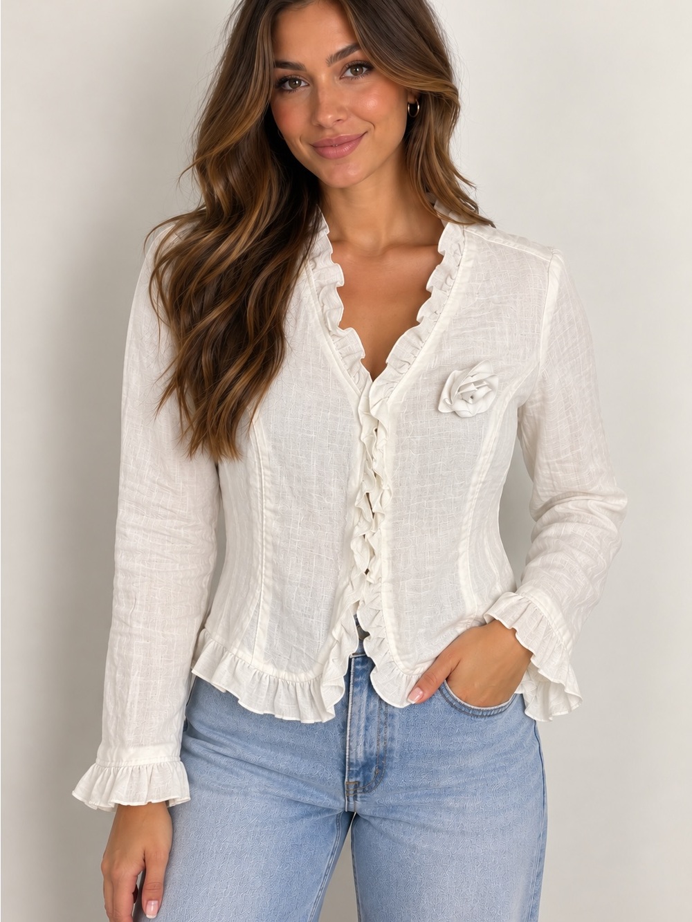 Willi Smith Cream Ruffle Button-Front Blouse